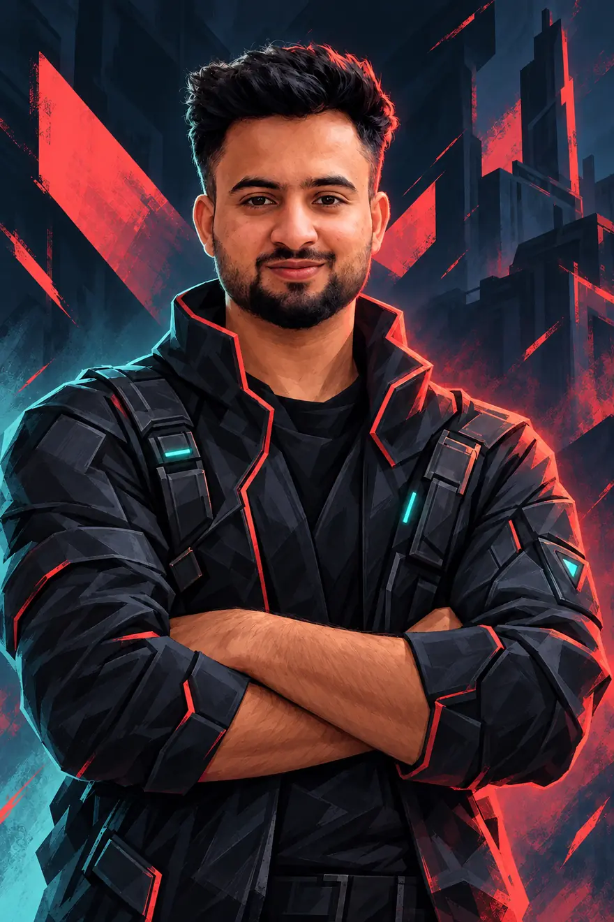 Illustrated portrait of Priyansh Mathur, arms crossed, in a dark jacket with red trim